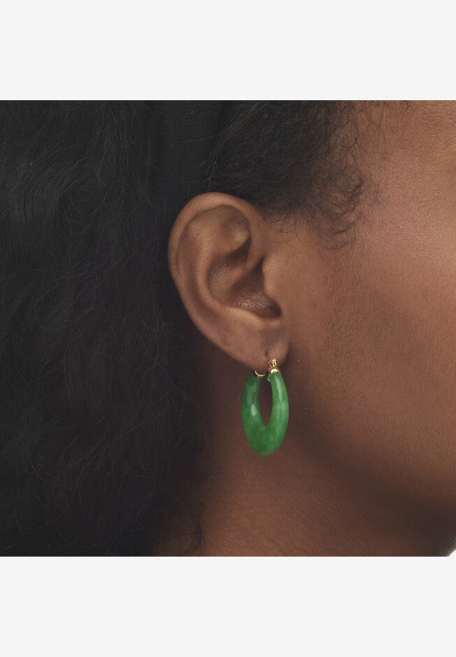 Goldtone Over Sterling Silver Genuine Green Jade Hoop Earrings (31Mm) Jewelry, , alternate image number null