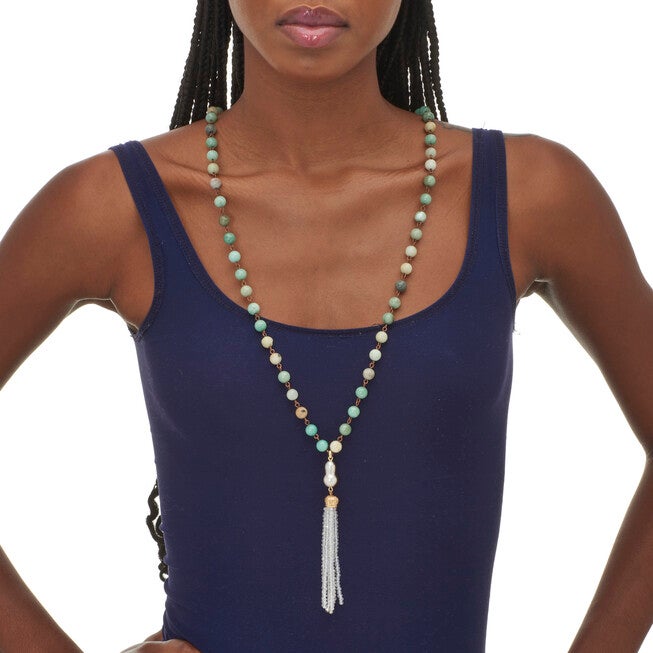 Genuine Green Amazonite Goldtone Beaded Tassel Necklace 34-inch, WHITE, alternate image number 2