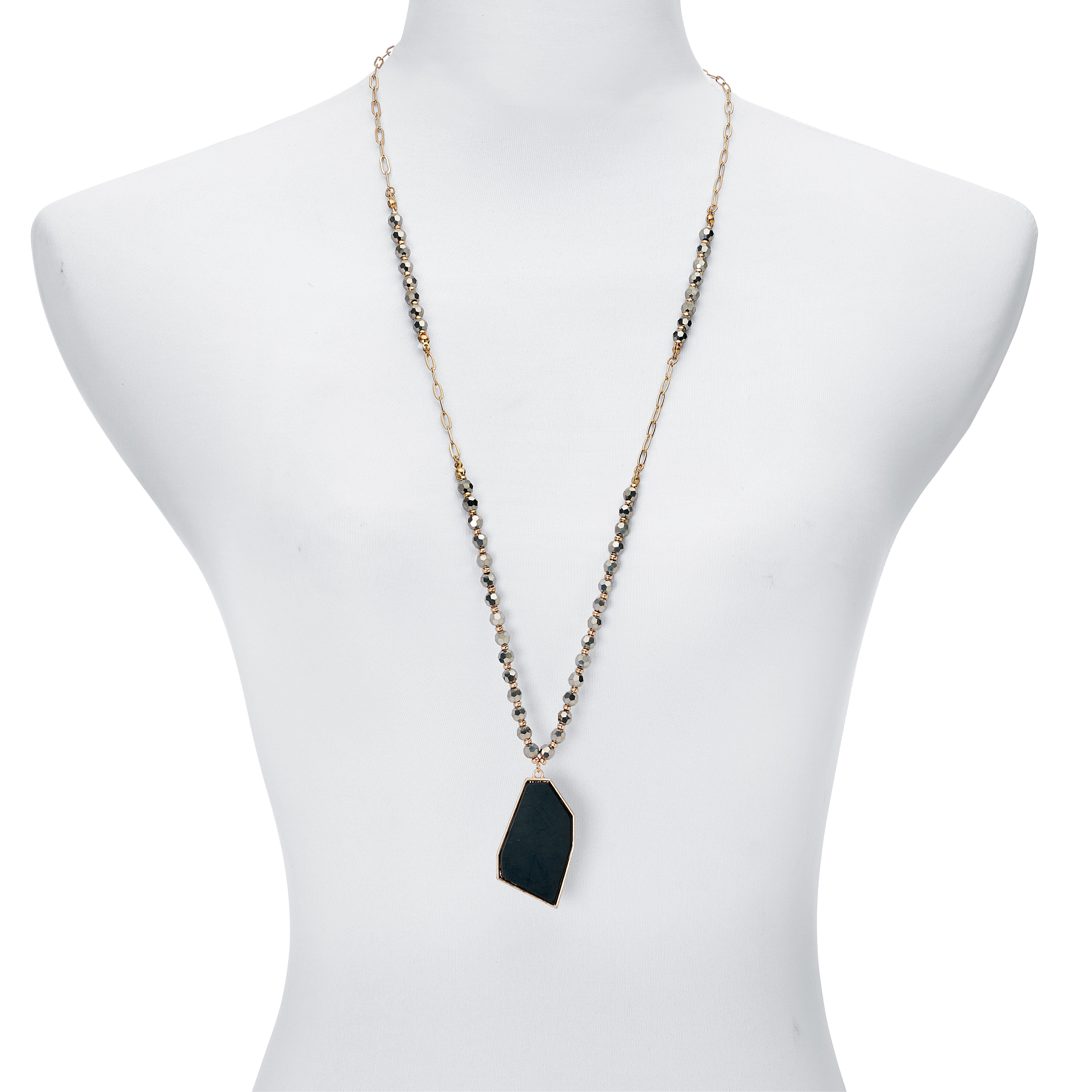 Black Crystal Pendant Goldtone Drop Necklace 34-inch, BLACK, alternate image number 3