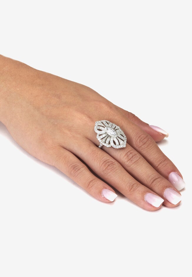 1.52 Tcw Marquise Cut Cubic Zirconia Silvertone Art Deco Ring, , alternate image number null