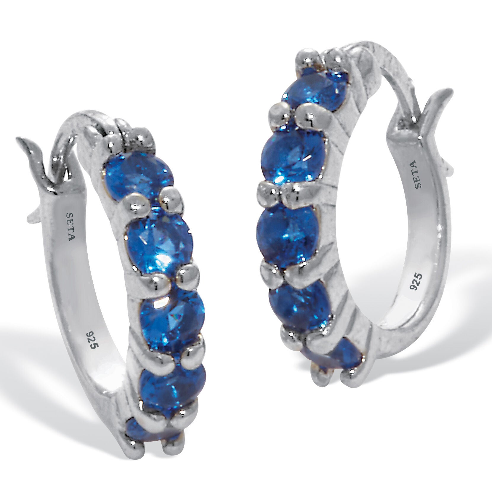 Birthstone Sterling Silver Huggie Hoop Earrings, MAY, on-hover image number 1