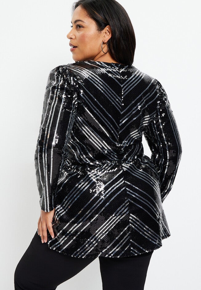Striped Sequin Faux Wrap Top, , on-hover image number null