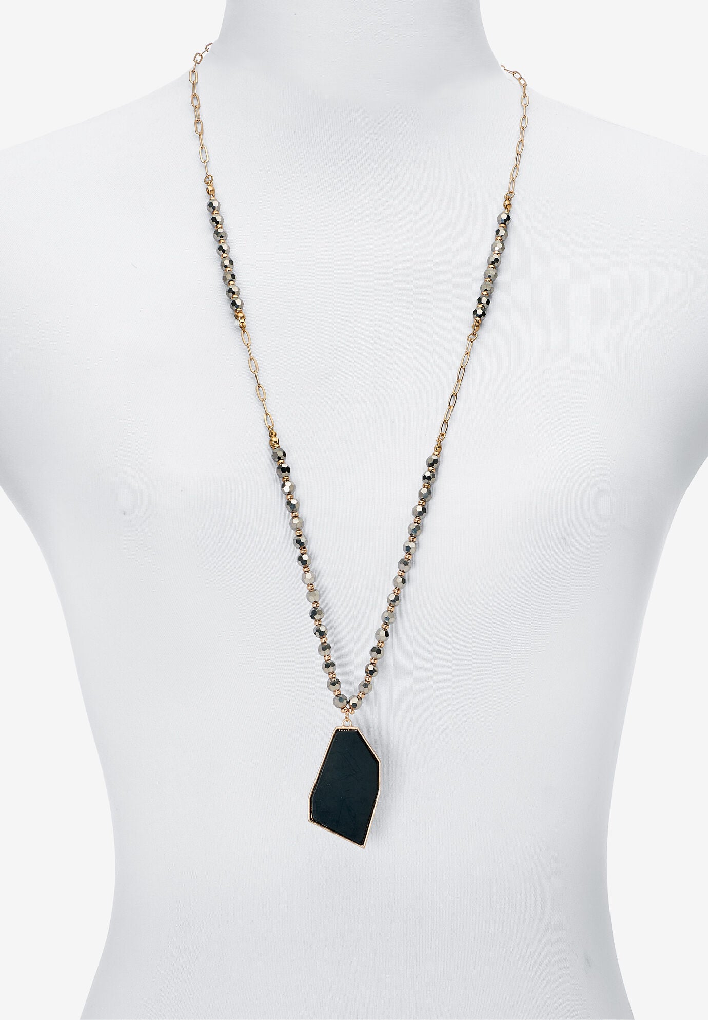 Black Crystal Pendant Goldtone Drop Necklace 34-inch, , alternate image number 6