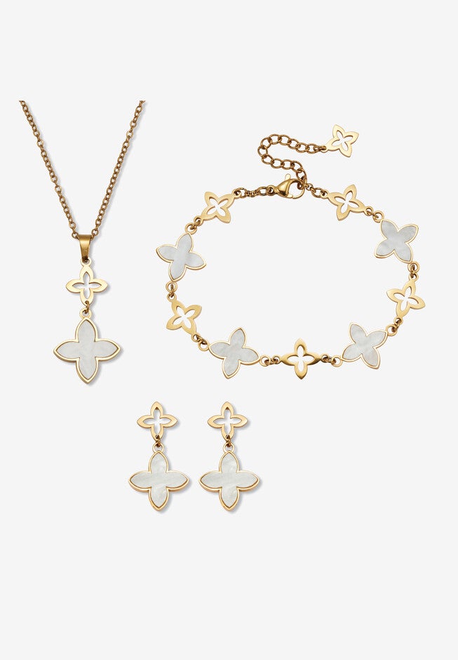 Genuine Mother Of Pearl Gold Ion-Plated Stainless Steel Clover Jewelry Set, PEARL, hi-res image number null