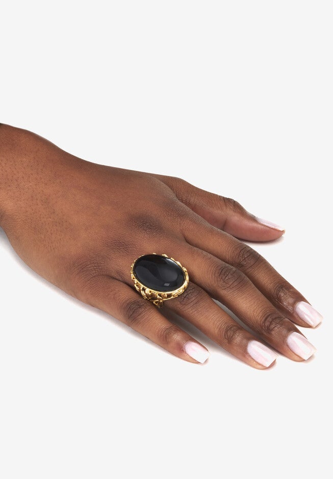 Oval Genuine Black Agate 18K Yellow Gold Cabochon Ring, , alternate image number null