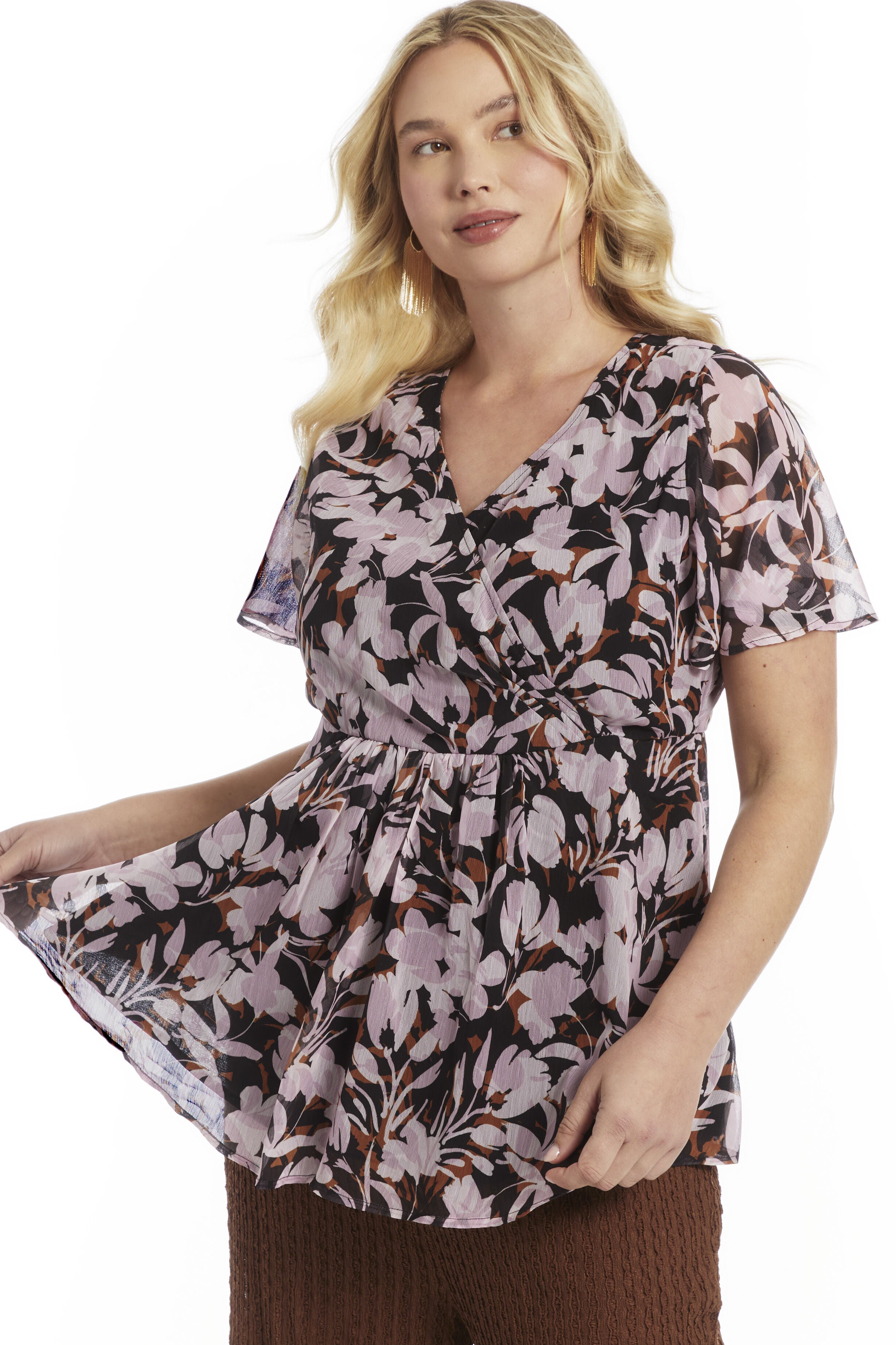 Faux Wrap Fit-and-Flare Top, PAINTED PETALS, hi-res image number 0