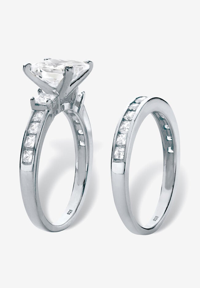 3.62 Cttw 2-Piece Platinum Plated .925 Silver Cubic Zirconia Wedding Ring Set, , on-hover image number null
