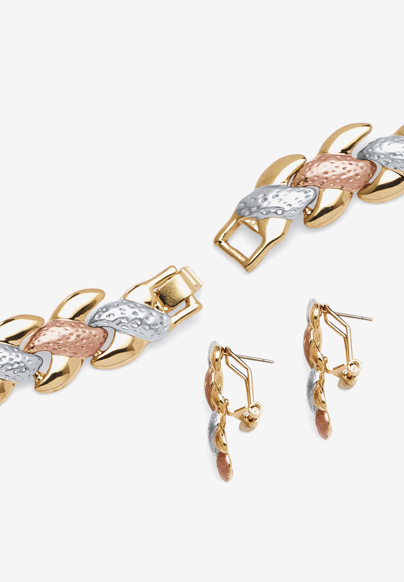 Tri Tone Goldtone Rosetone Silvertone Interlocking Link Necklace, Bracelet And Earring Set, 17 Inches Jewelry, , on-hover image number 1