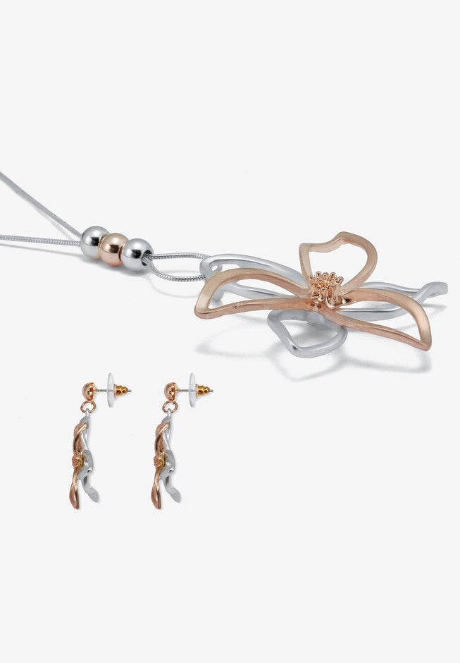 14K Rose-Plated Flower Drop Earring And Necklace Set 36-Inch, , on-hover image number null