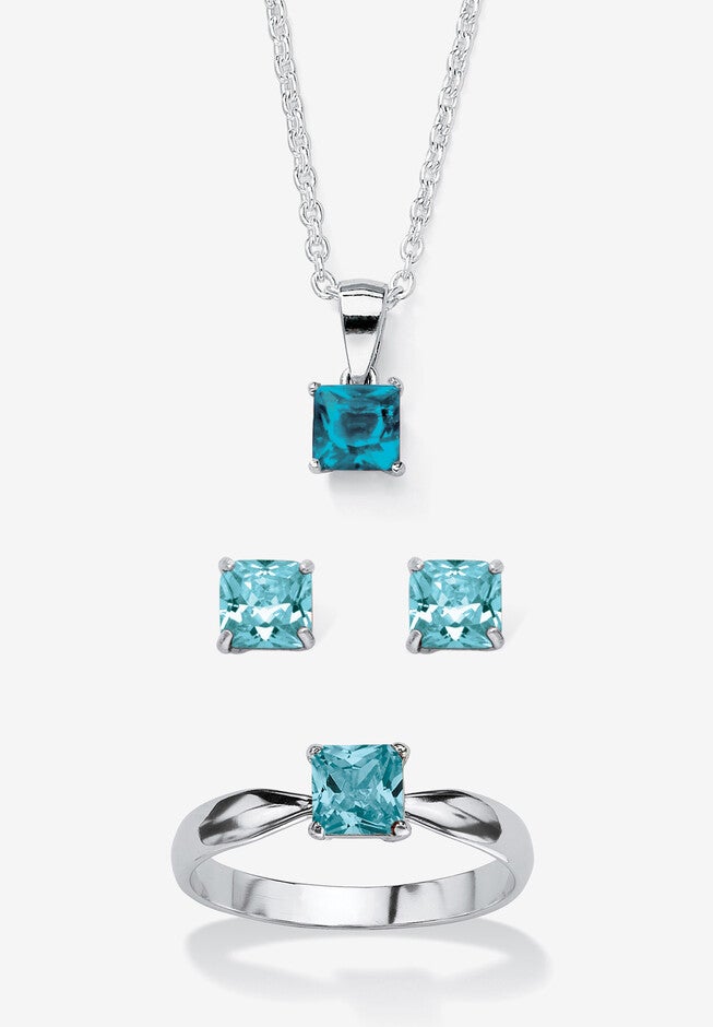 3-Piece Birthstone .925 Silver Necklace, Earring And Ring Set 18 inches, DECEMBER, hi-res image number null