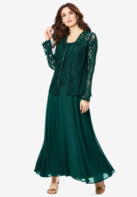 Beaded Lace Jacket Dress, EMERALD GREEN, hi-res image number null