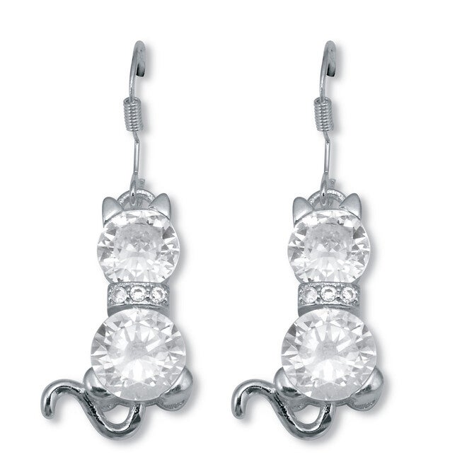 Round Crystal Silvertone Cat Earrings, WHITE, hi-res image number null