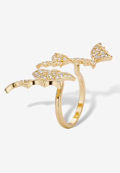 Goldtone Round Crystal Adjustable Butterfly Ring, , on-hover image number null