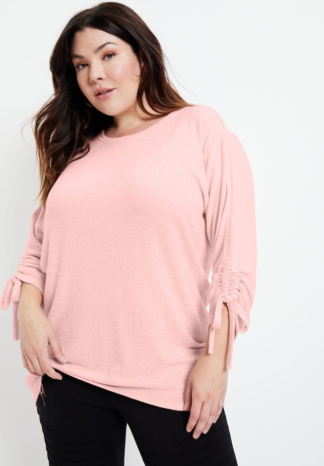 Ruched-Sleeve SuperSoft Knit Top, SOFT BLUSH, hi-res image number null