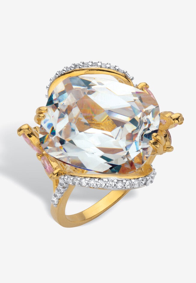 Yellow Gold Plated Cushion Cut White and Pink Cubic Zirconia Flower Ring, , on-hover image number null
