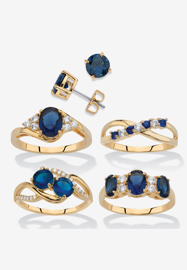 9.42 Cttw Gold-Plated Simulated Blue Sapphire And Cz Earrings And Ring Set, BLUE, hi-res image number null
