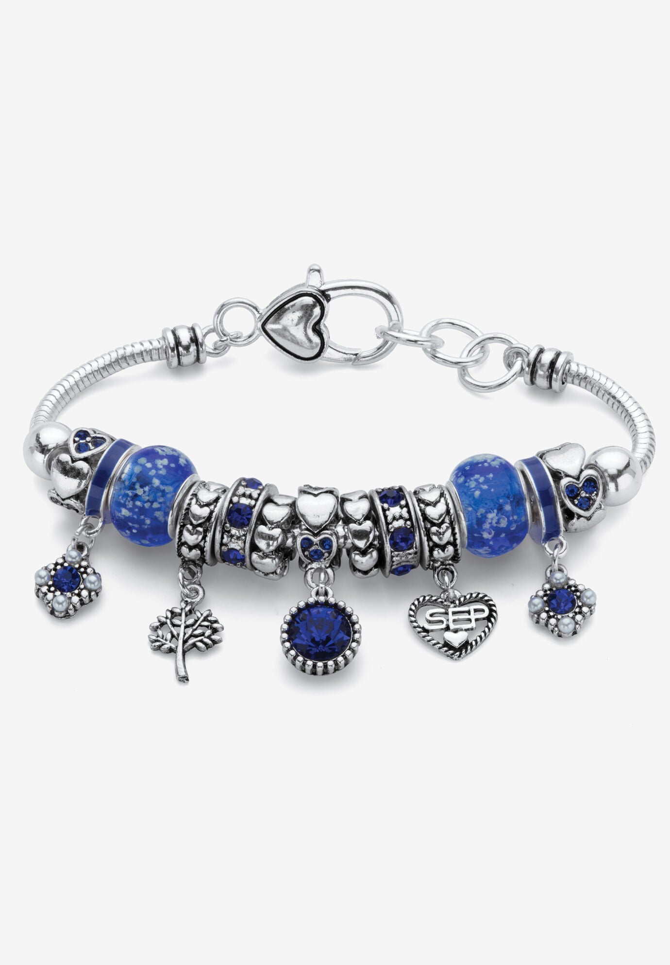 Antiqued Silvertone Simulated Birthstone 8 inches Charm Bracelet, SEPTEMBER, hi-res image number 0