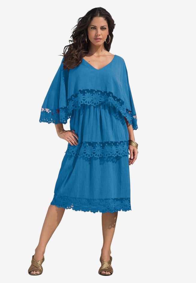 Tiered-Lace Crinkle-Knit Gauze Dress, VIBRANT BLUE, hi-res image number null