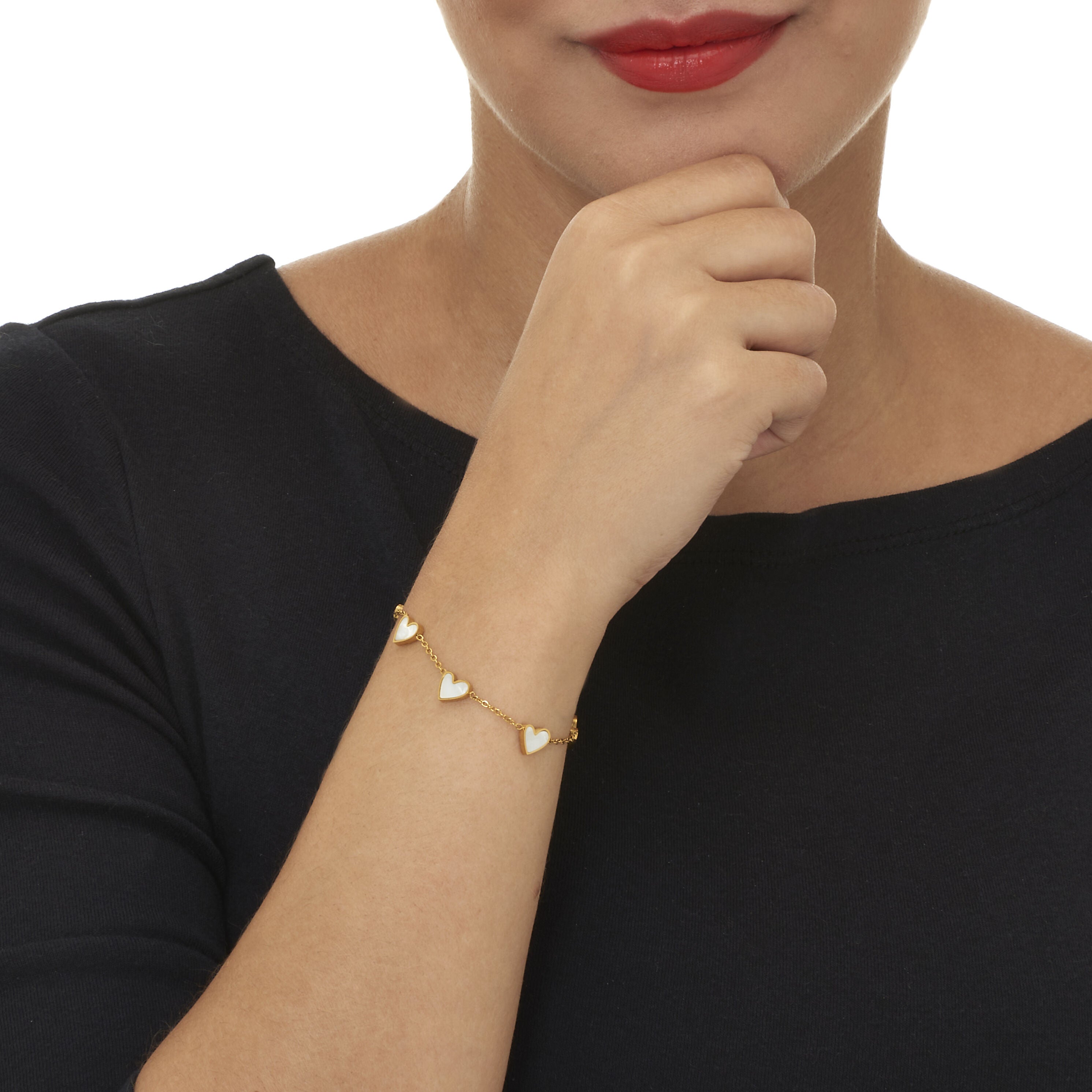 Mother of Pearl Gold Ion-Plated Stainless Steel Heart Bracelet 7 to 9-inch, WHITE, alternate image number 2