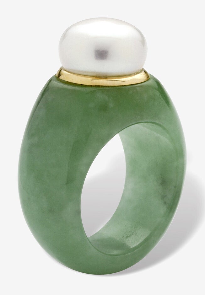 10K Gold Genuine Cultured Freshwater Pearl And Green Jade Ring Jewelry, , on-hover image number null