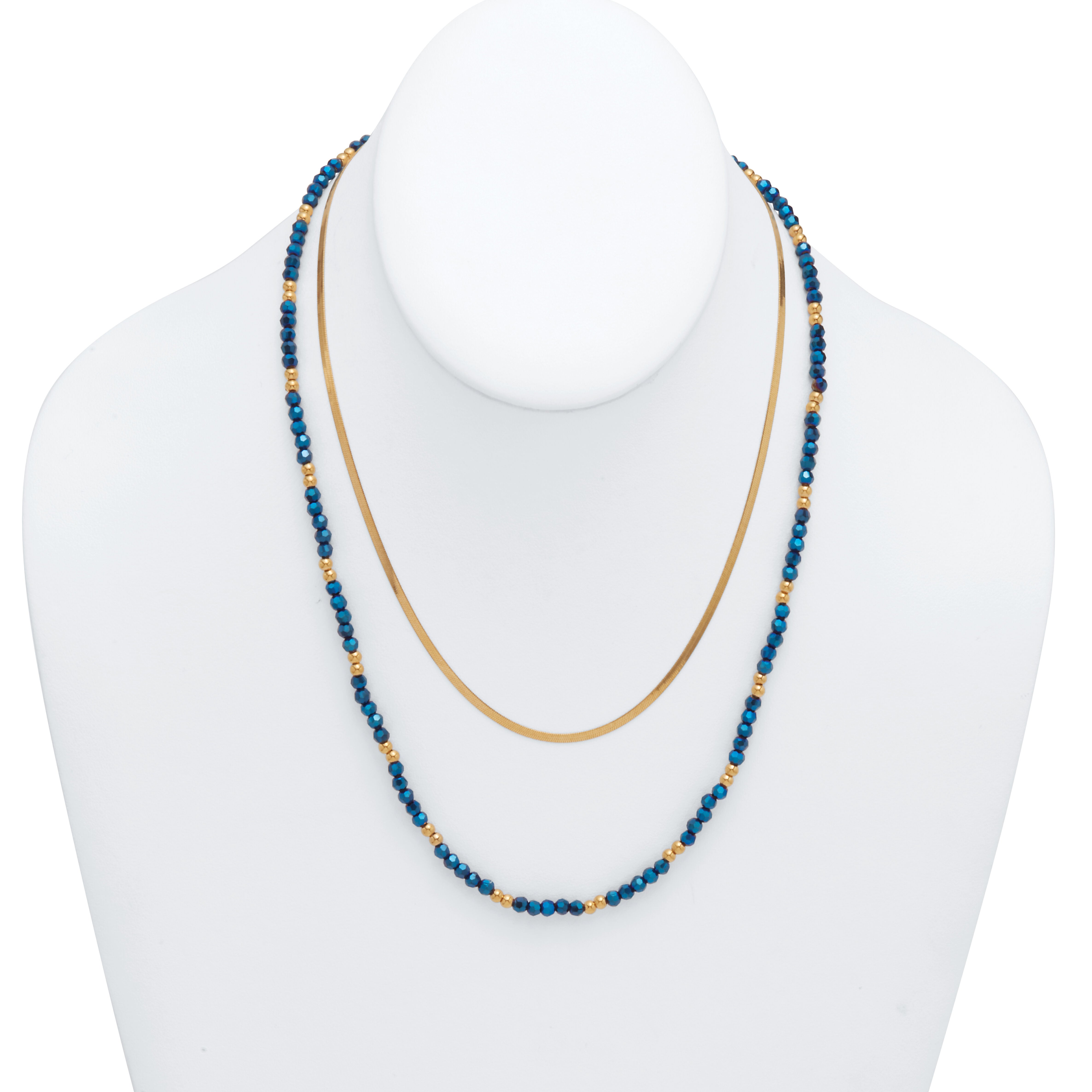 Crystal 2-Piece Stainless Steel Beaded Necklace 16-inch and 3-inch Extender, BLUE, alternate image number 3