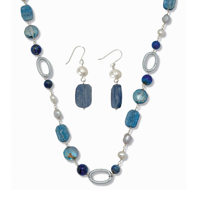 Genuine Blue Sodalite and Cultured Freshwater Pearl Silvertone Jewelry Set, BLUE, hi-res image number null