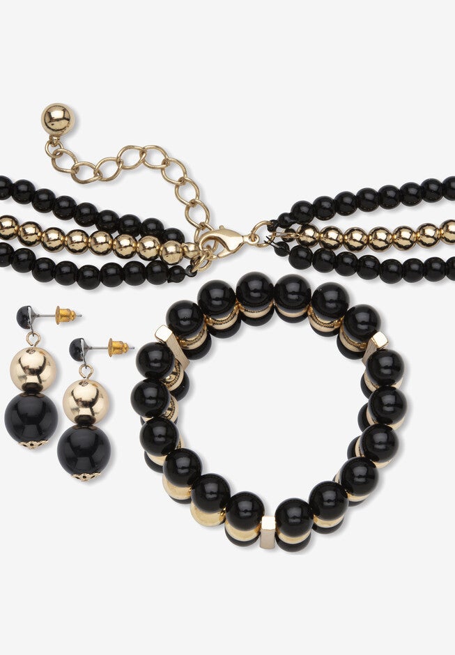 3-Piece Set Bib Necklace (43Mm), Round Simulated Beads, 16.5 Inches Plus 3 inches Ext, , on-hover image number null