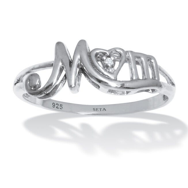 Round Diamond "Mom" Heart Sterling Silver Ring, WHITE, hi-res image number null