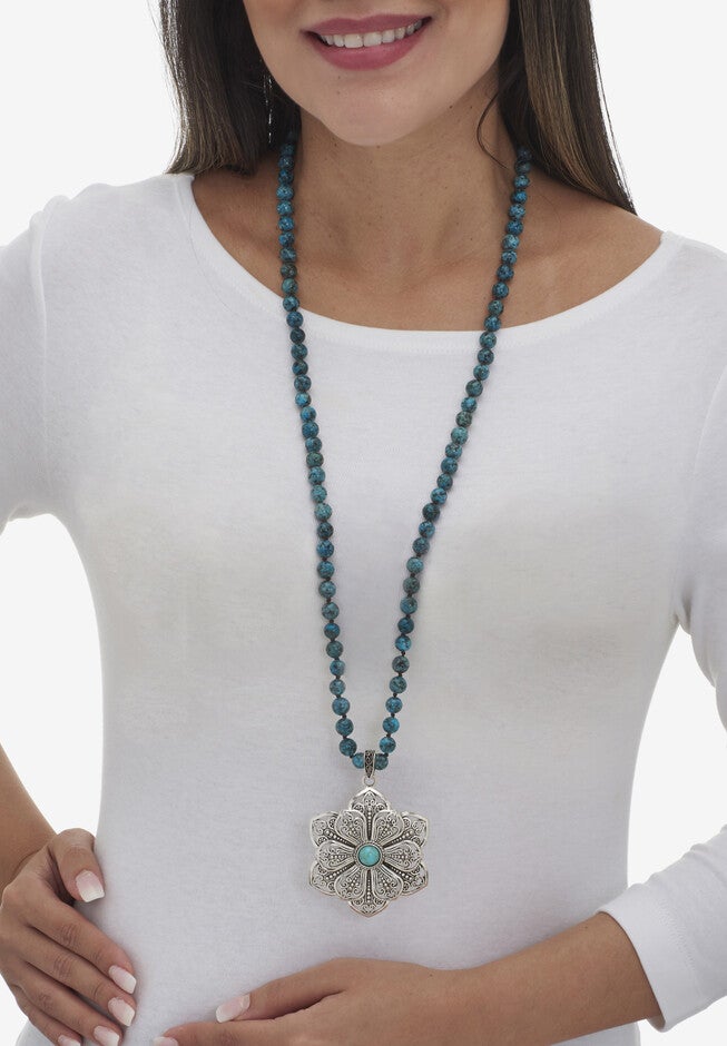 Round Genuine Jasper And Simulated Turquoise Silvertone Flower Necklace 34-Inch, , alternate image number 2