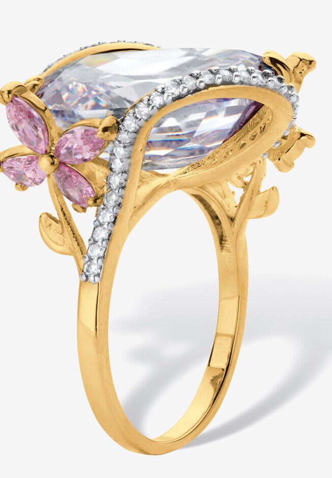 Yellow Gold Plated Cushion Cut White and Pink Cubic Zirconia Flower Ring, , alternate image number null