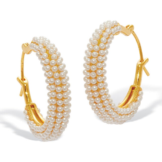 White Round Simulated Pave-Style Pearl Goldtone Hoop Earrings, WHITE, hi-res image number null