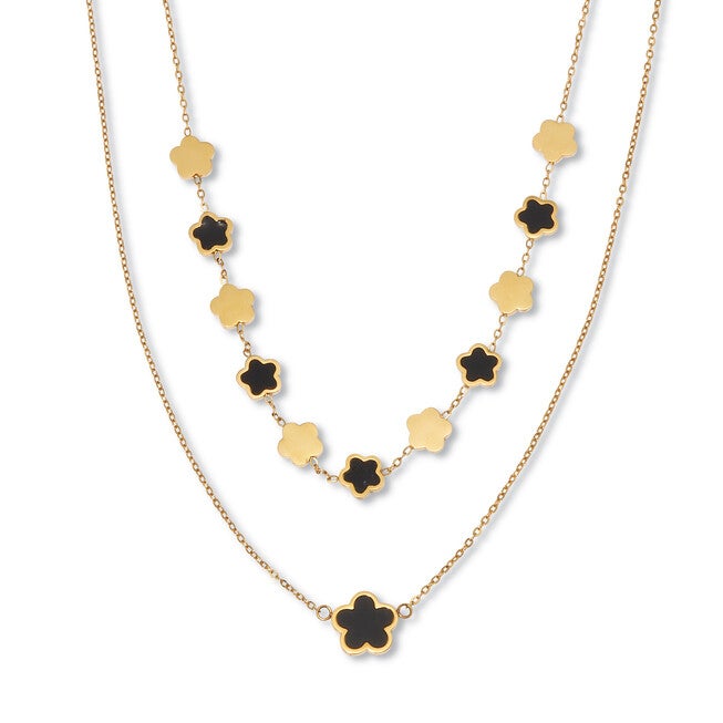 Genuine Black Onyx Gold Ion-Plated Stainless Steel Clover Necklace 17 to 19-inch, BLACK, hi-res image number null