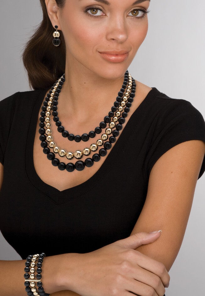 3-Piece Set Bib Necklace (43Mm), Round Simulated Beads, 16.5 Inches Plus 3 inches Ext, , alternate image number null