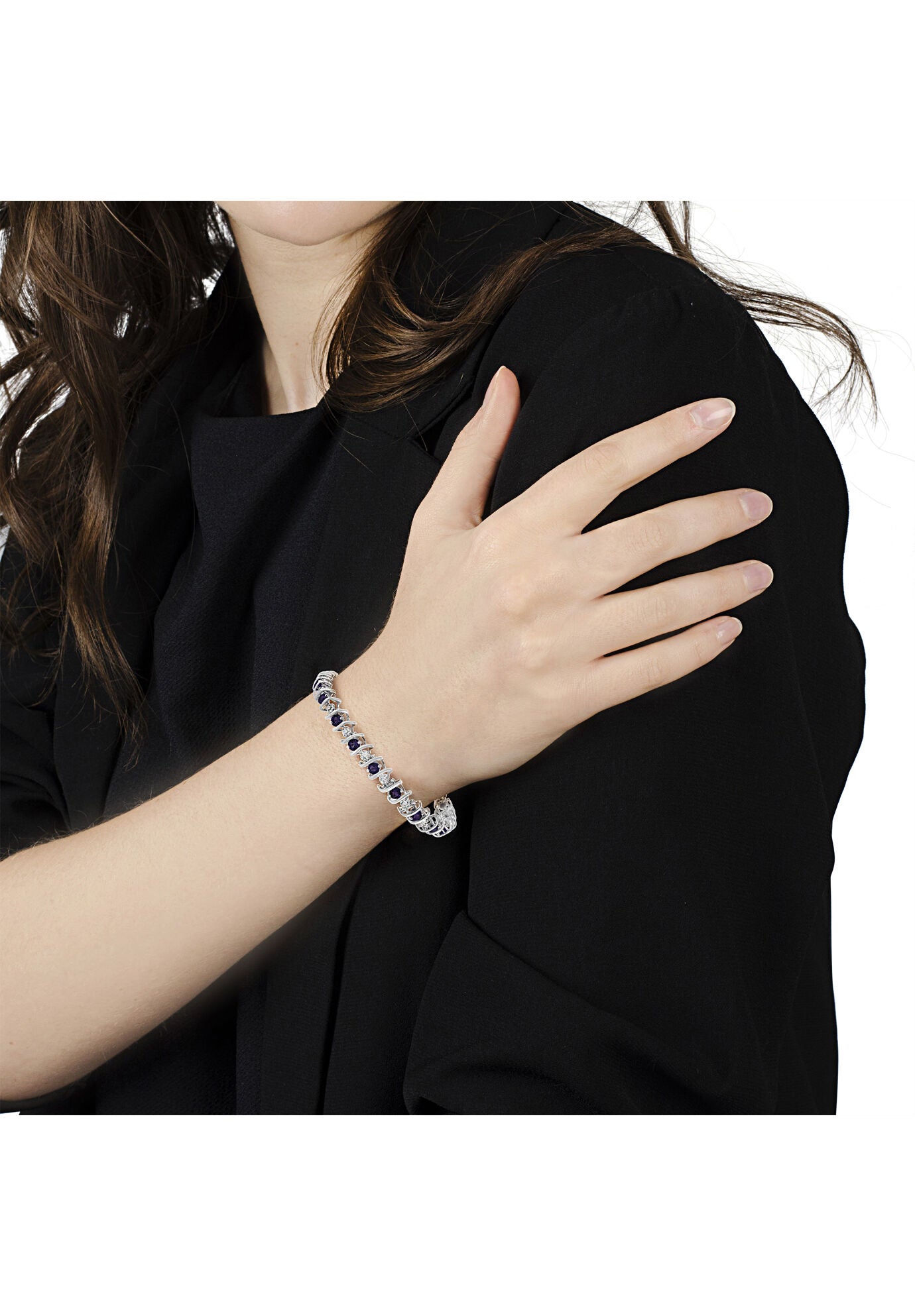 Sterling Silver Gemstone & Round Diamond Tennis Bracelet Purple Amethyst February Birthstone, , alternate image number 5