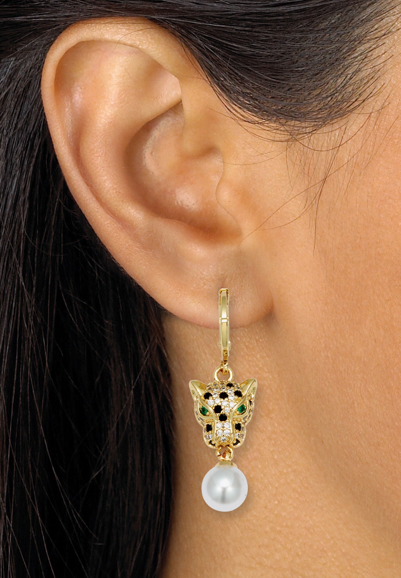 Round Simulated Pearl And Crystal Goldtone Drop Earrings, 22X12Mm, , alternate image number 2