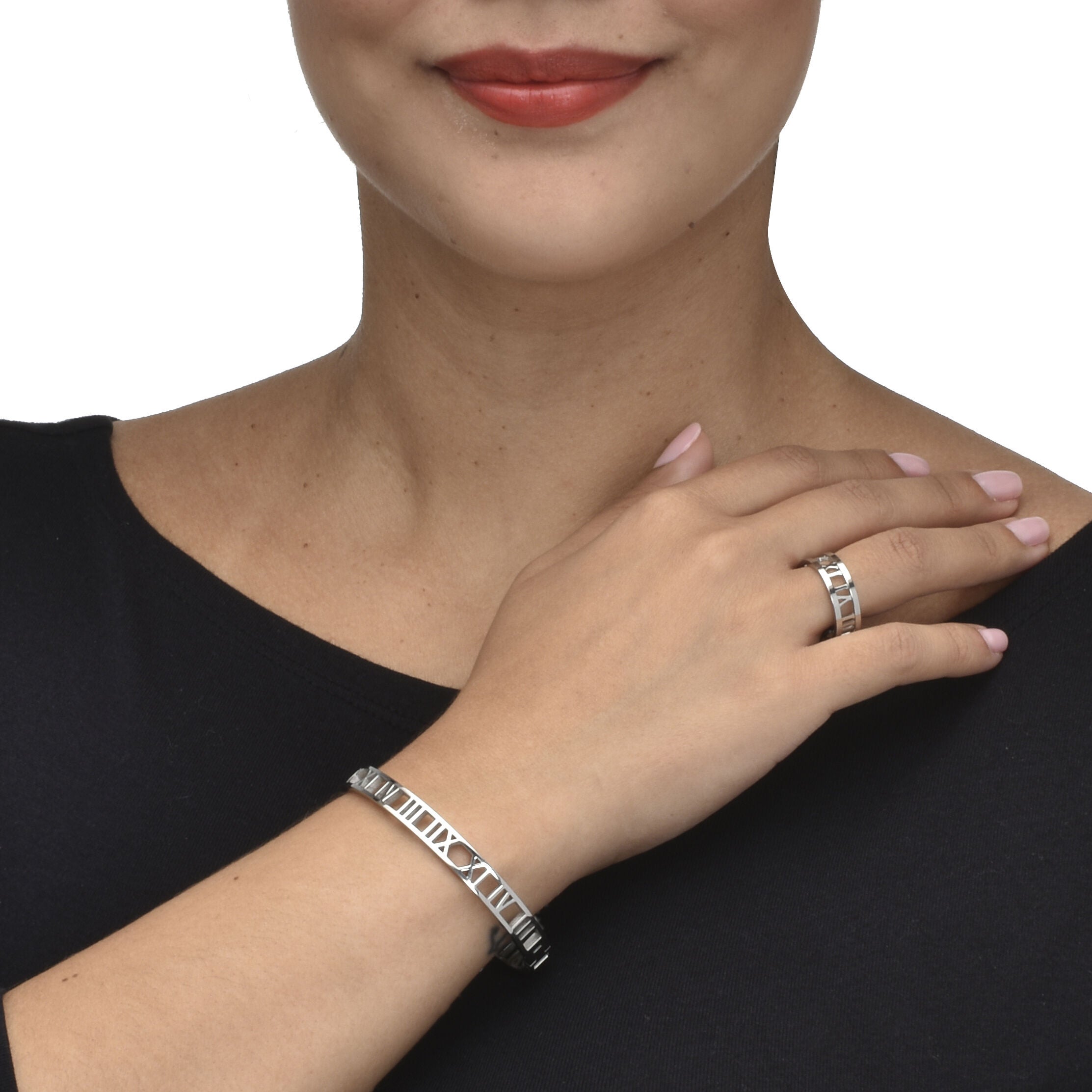 Roman Numeral Stainless Steel Bracelet and Ring Set, SILVER, alternate image number 2