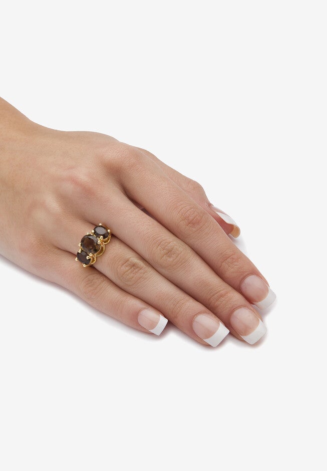 4.90 Tcw Oval-Cut Genuine Smoky Quartz Yellow Gold-Plated 3-Stone Ring, , alternate image number null