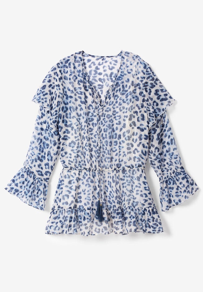 Ruffle Keyhole Tunic with Bell Sleeves, , alternate image number null