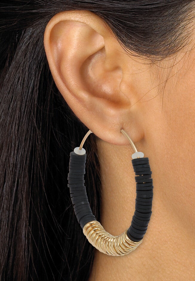 Black Disc Beaded Goldtone Hoop Earrings And Stackable Stretch Bracelet Set, , alternate image number null