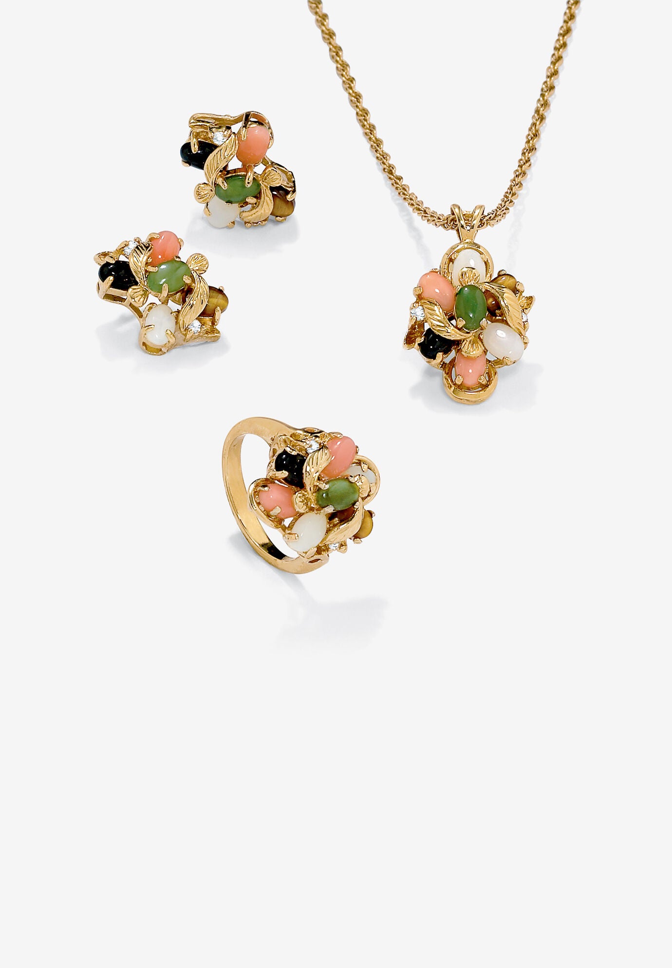 Yellow Gold-Plated Genuine Gemstone Ring, Earring And Necklace Set Jewelry, GOLD, hi-res image number 0