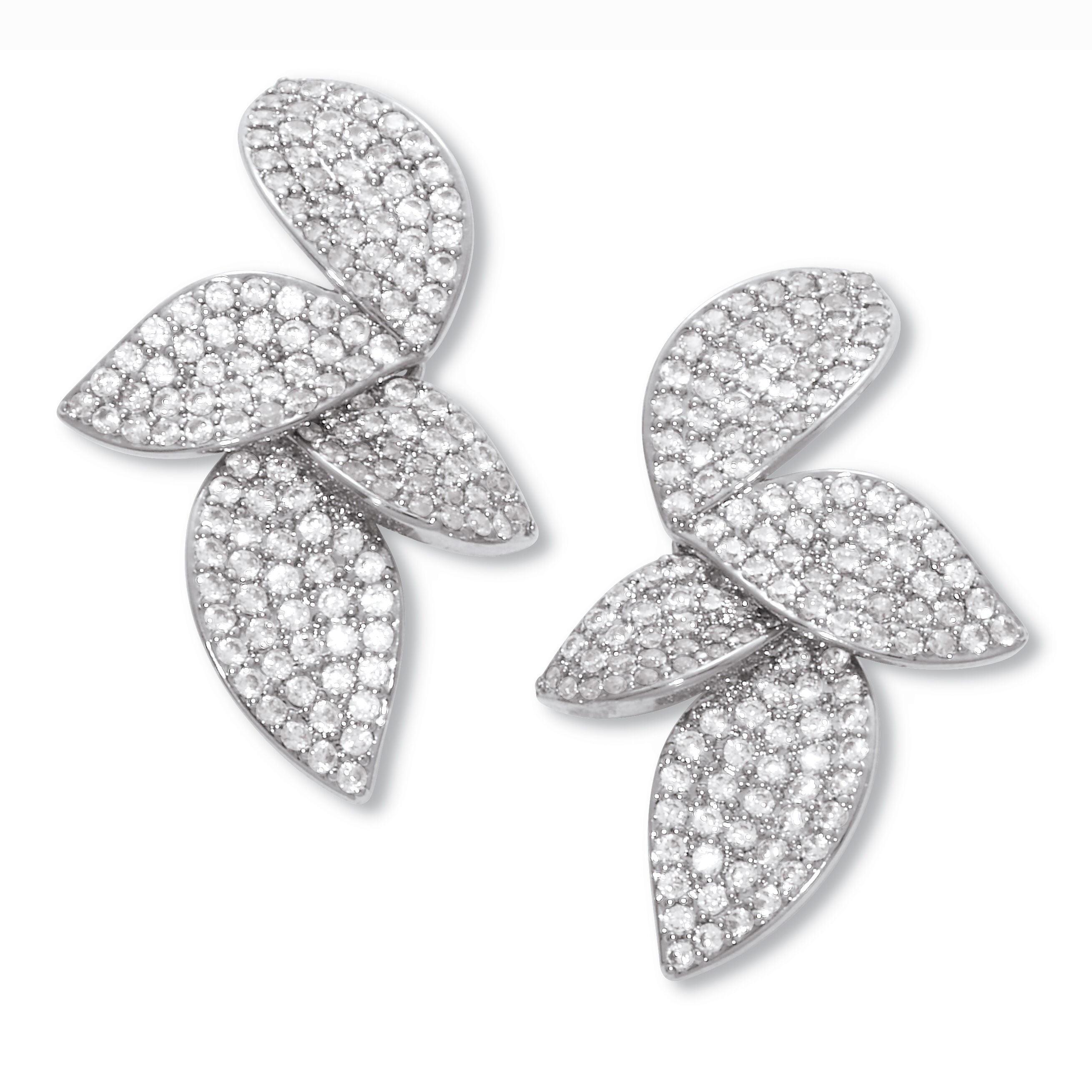 Round Pave-Style Crystal Silvertone Drop Flower Shape Earrings, WHITE, hi-res image number 0
