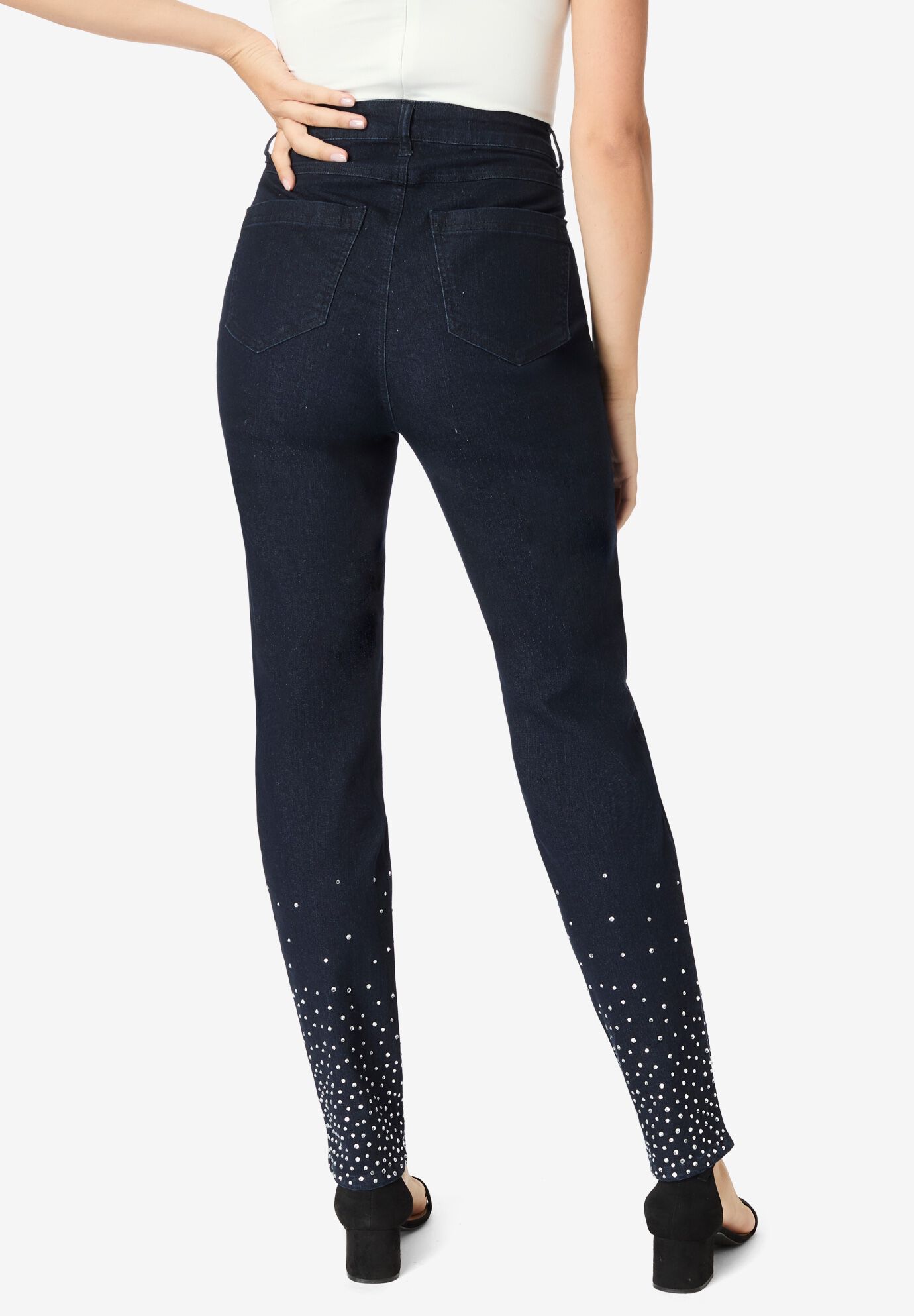 Plus Size Invisible Stretch&reg; Embellished Straight-Leg Iconic Jean, DARK WASH RHINESTONES, on-hover image number 1