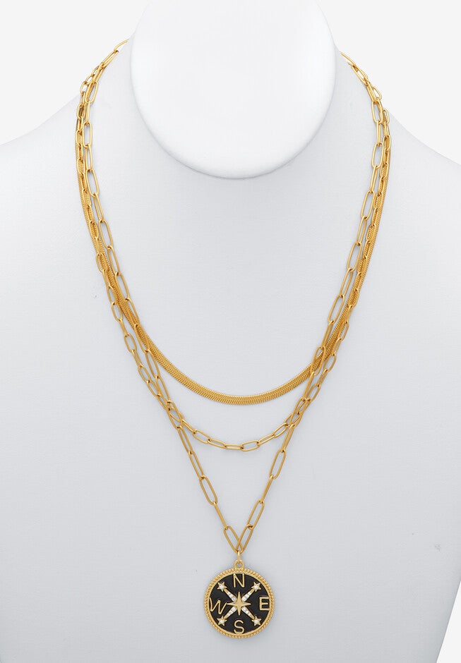 Yellow Gold Ion-Plated Stainless Steel 3-Strand Layered Necklace Set With Compass Pendant, , alternate image number null