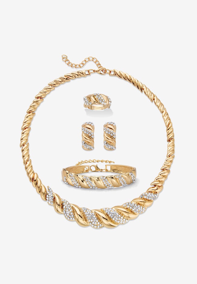Crystal Goldtone S Link Necklace, Earring & Bracelet Bonus Ring Set 19 inches-21 inches Jewelry, CRYSTAL, hi-res image number null