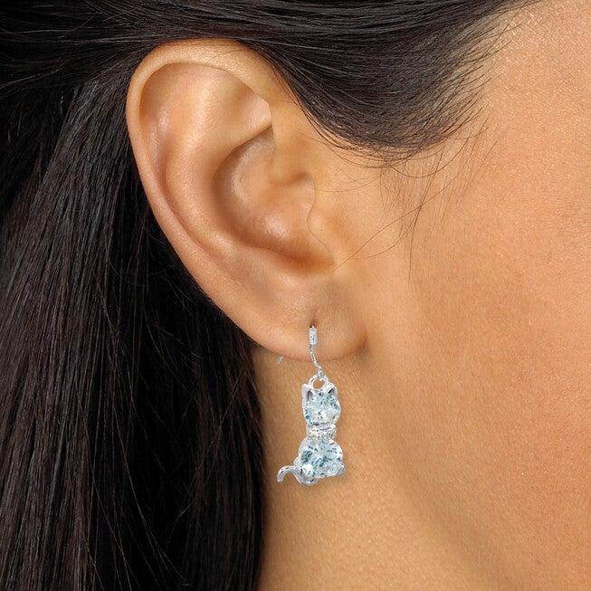 Round Crystal Silvertone Cat Earrings, WHITE, alternate image number null