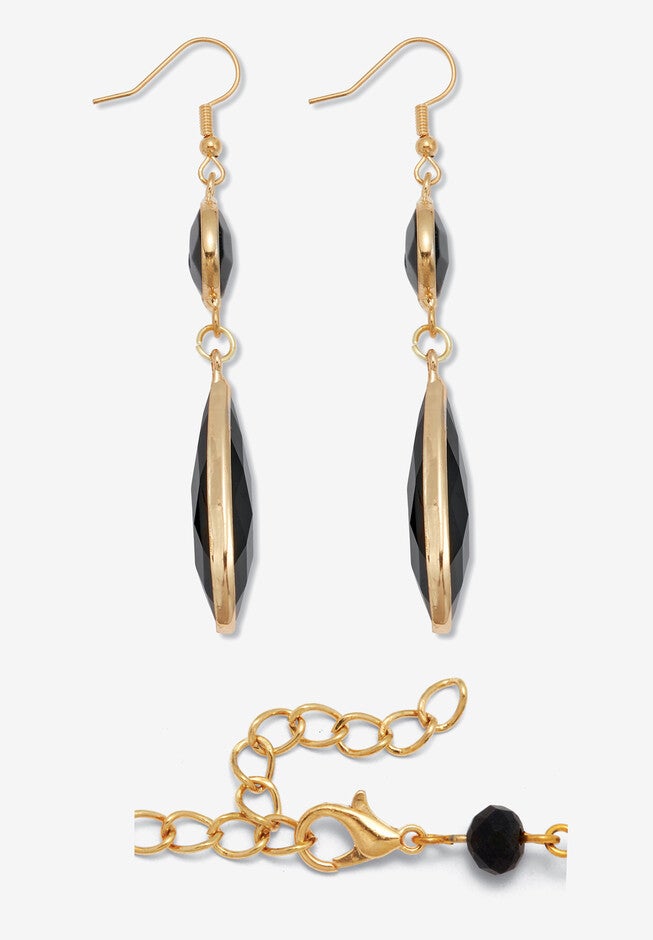 Black Crystal Goldtone Drop Necklace And Crystal Earrings, 2-Piece Set, , on-hover image number null