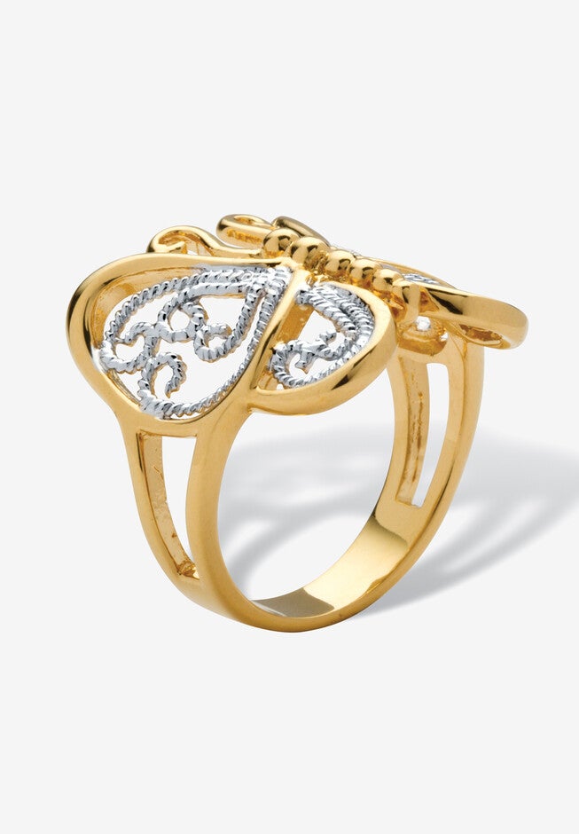 Yellow Gold Plated Two Tone Filigree Butterfly Ring, , on-hover image number 1