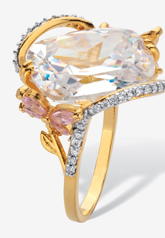 Yellow Gold Plated Cushion Cut White and Pink Cubic Zirconia Flower Ring, , alternate image number null