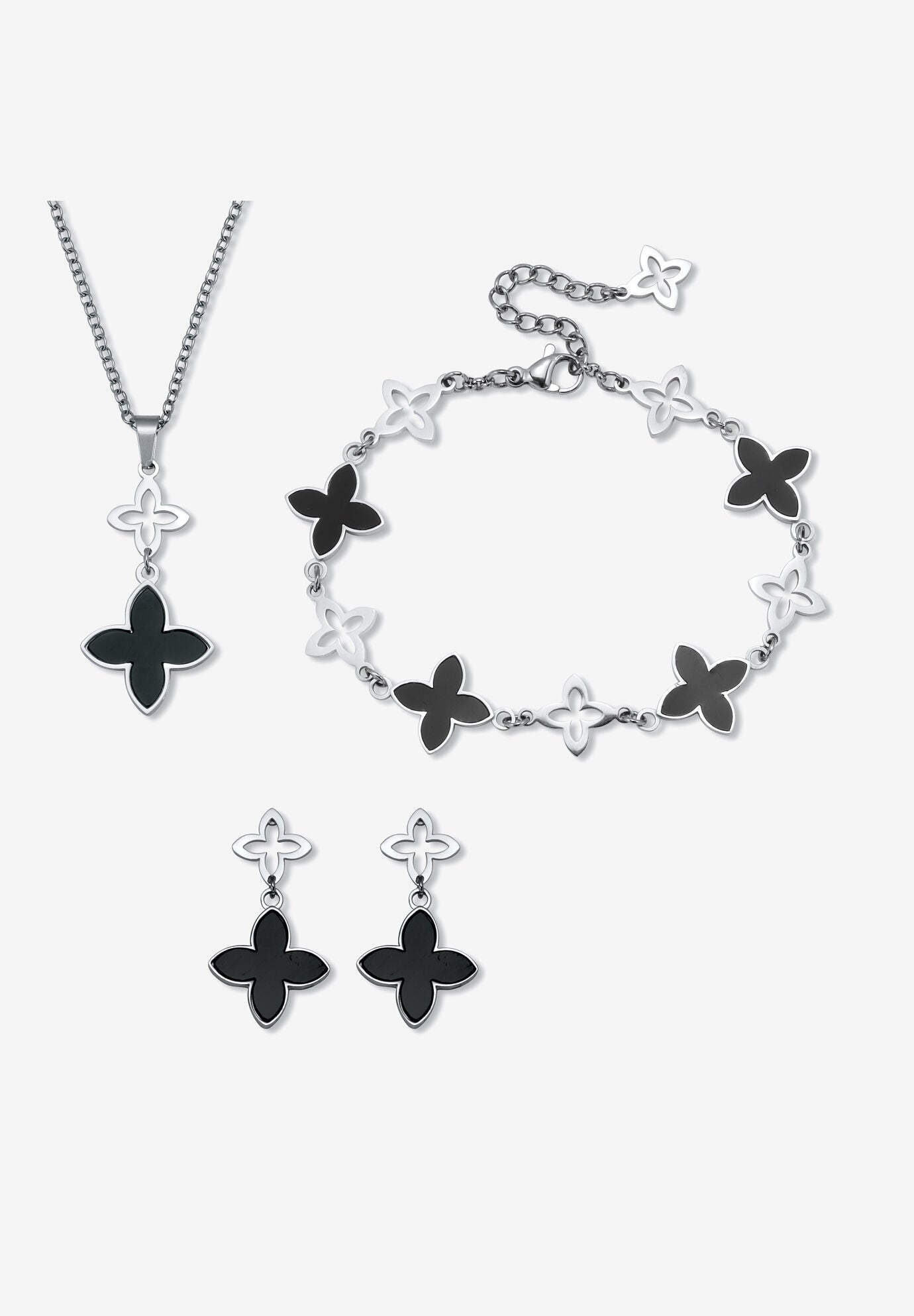 Genuine Black Mother Of Pearl Stainless Steel Clover Jewelry Set Jewelry, BLACK, hi-res image number 0