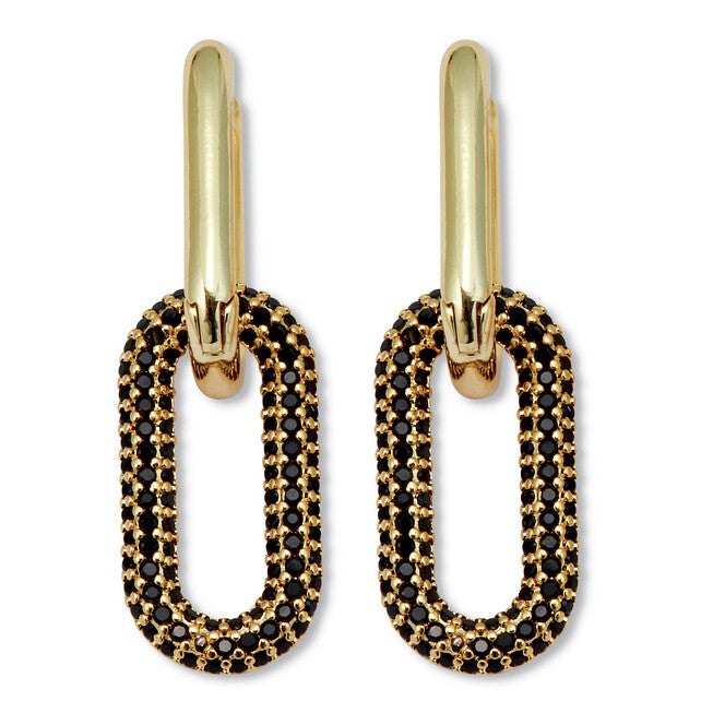 Round Black Crystal Goldtone Oval Link Drop Earrings, BLACK, hi-res image number null